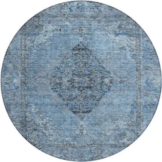 8' Denim Blue And Gray Round Medallion Washable Indoor Outdoor Area Rug Photo 1