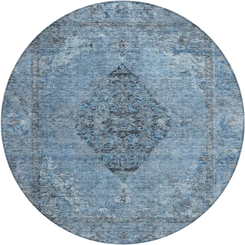 8' Denim Blue And Gray Round Medallion Washable Indoor Outdoor Area Rug Photo 1