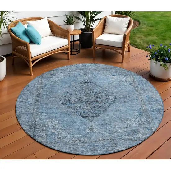 8' Denim Blue And Gray Round Medallion Washable Indoor Outdoor Area Rug Photo 2