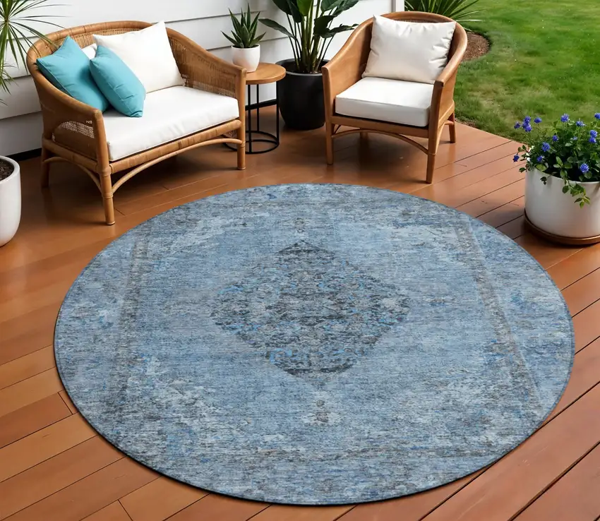 8' Denim Blue And Gray Round Medallion Washable Indoor Outdoor Area Rug Photo 2