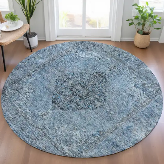 8' Denim Blue And Gray Round Medallion Washable Indoor Outdoor Area Rug Photo 5
