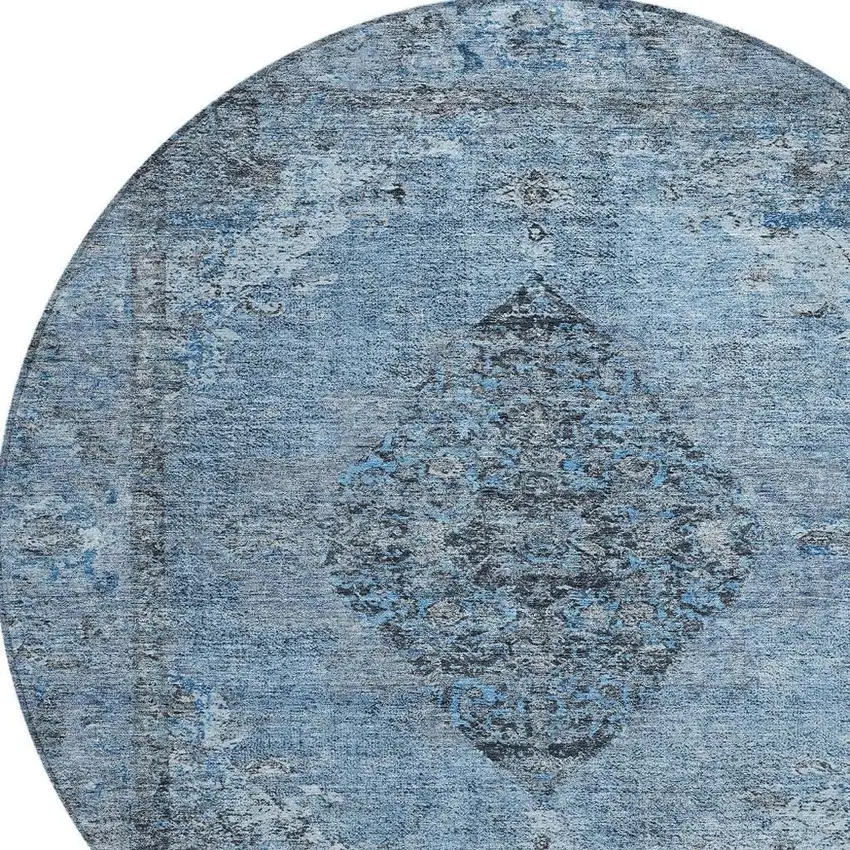 8' Denim Blue And Gray Round Medallion Washable Indoor Outdoor Area Rug Photo 4