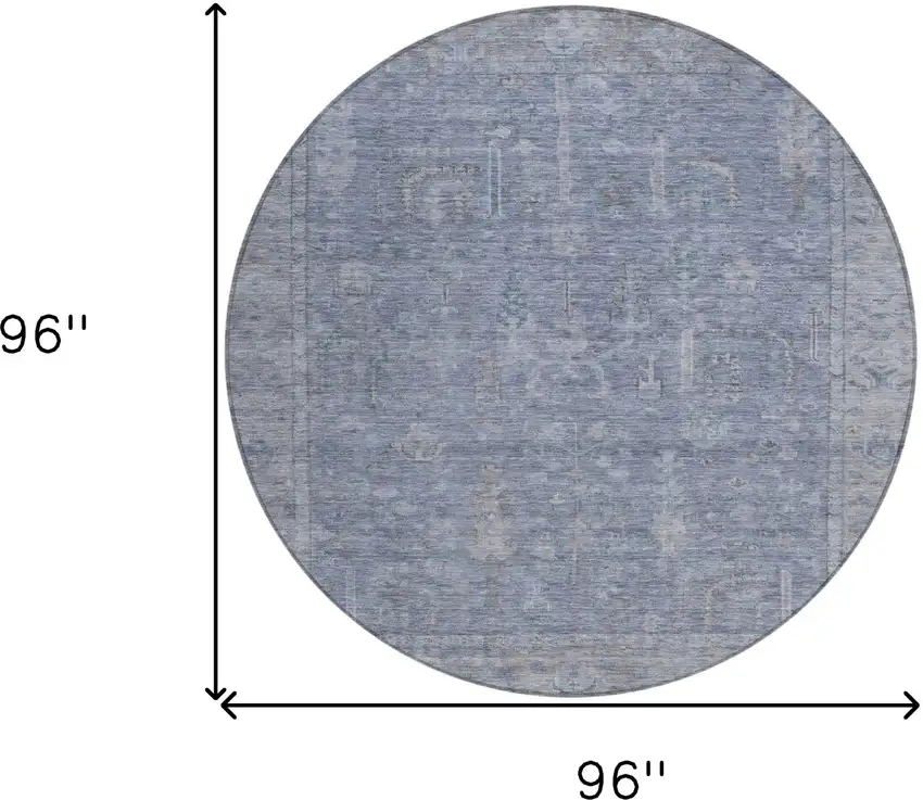 8' Denim Blue And Gray Round Oriental Washable Indoor Outdoor Area Rug Photo 9