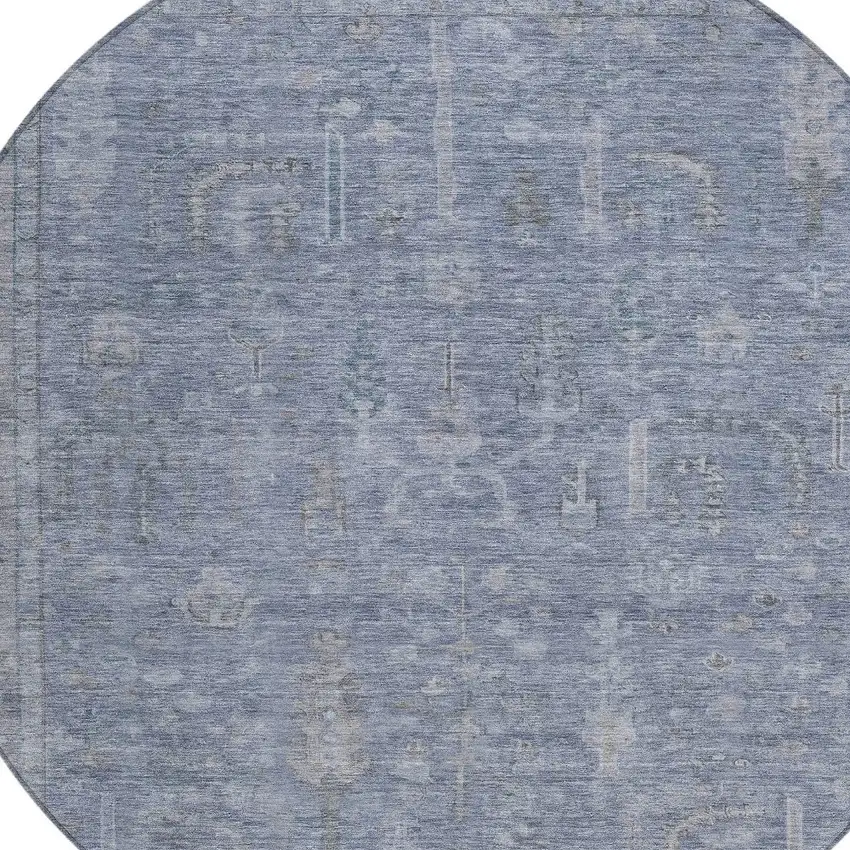 8' Denim Blue And Gray Round Oriental Washable Indoor Outdoor Area Rug Photo 5