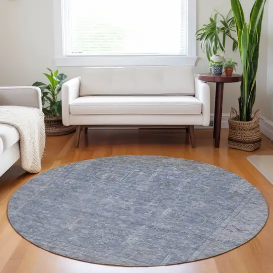 8' Denim Blue And Gray Round Oriental Washable Indoor Outdoor Area Rug Photo 8
