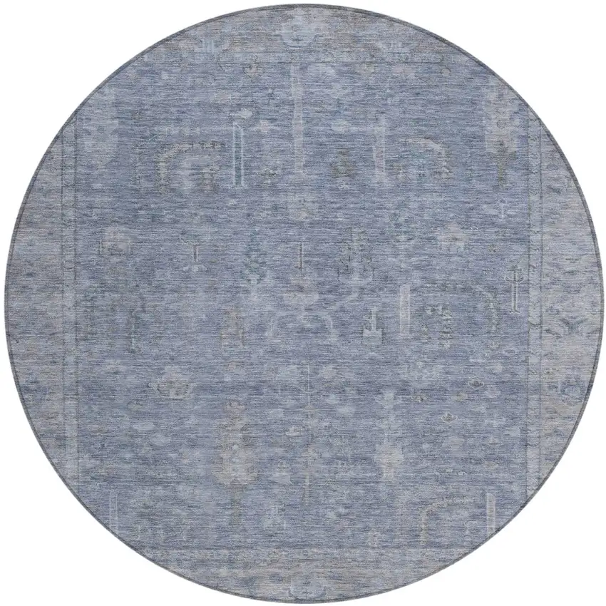 8' Denim Blue And Gray Round Oriental Washable Indoor Outdoor Area Rug Photo 2