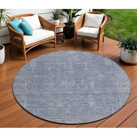 8' Denim Blue And Gray Round Oriental Washable Indoor Outdoor Area Rug Photo 1
