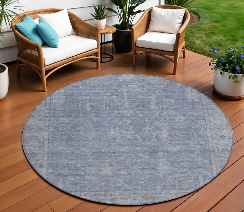 8' Denim Blue And Gray Round Oriental Washable Indoor Outdoor Area Rug Photo 1