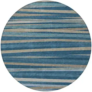 Photo of 8' Denim Blue And Gray Round Striped Washable Indoor Outdoor Area Rug
