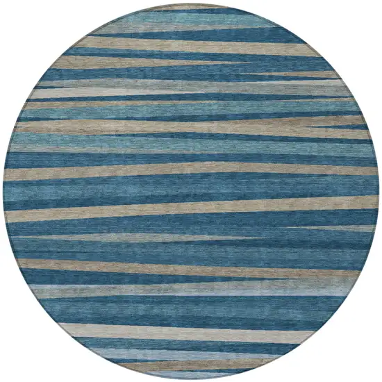8' Denim Blue And Gray Round Striped Washable Indoor Outdoor Area Rug Photo 5
