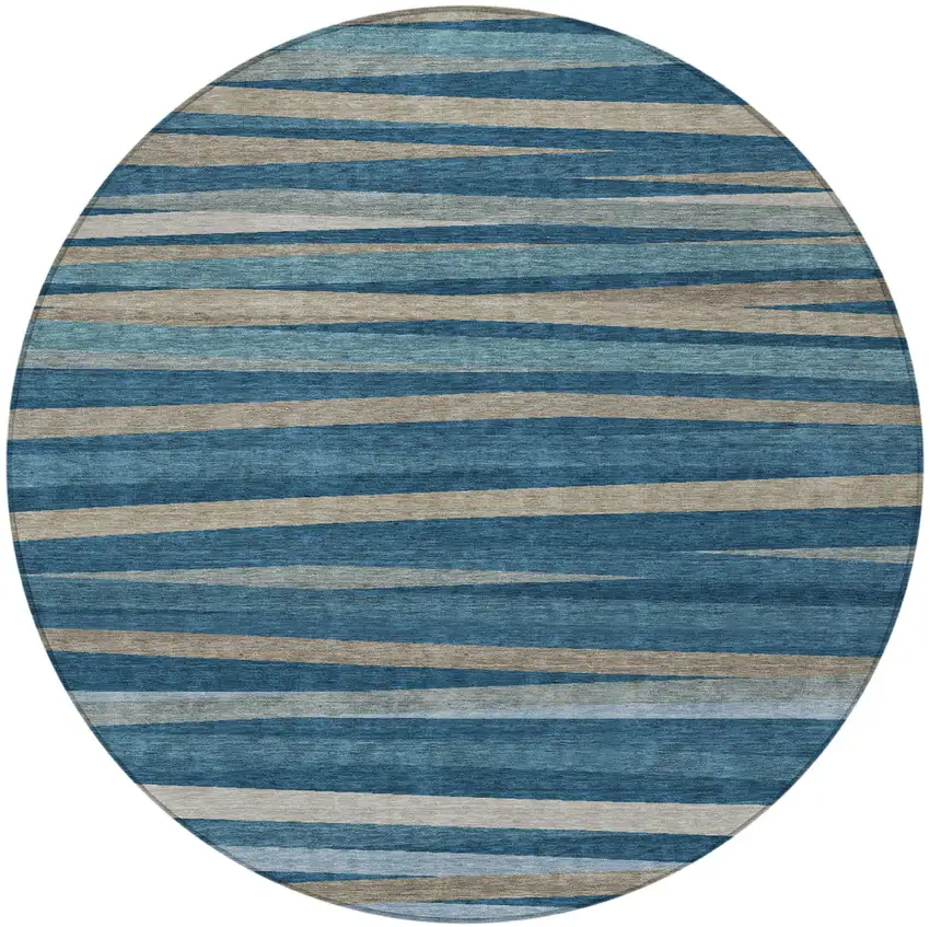 8' Denim Blue And Gray Round Striped Washable Indoor Outdoor Area Rug Photo 5