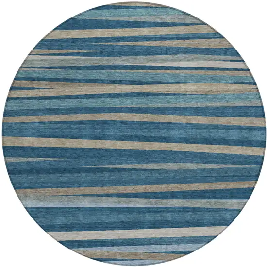 8' Denim Blue And Gray Round Striped Washable Indoor Outdoor Area Rug Photo 2
