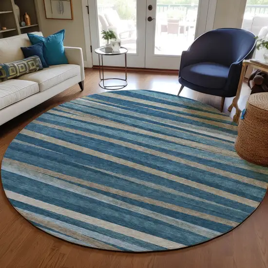 8' Denim Blue And Gray Round Striped Washable Indoor Outdoor Area Rug Photo 7