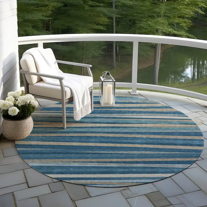 8' Denim Blue And Gray Round Striped Washable Indoor Outdoor Area Rug Photo 6
