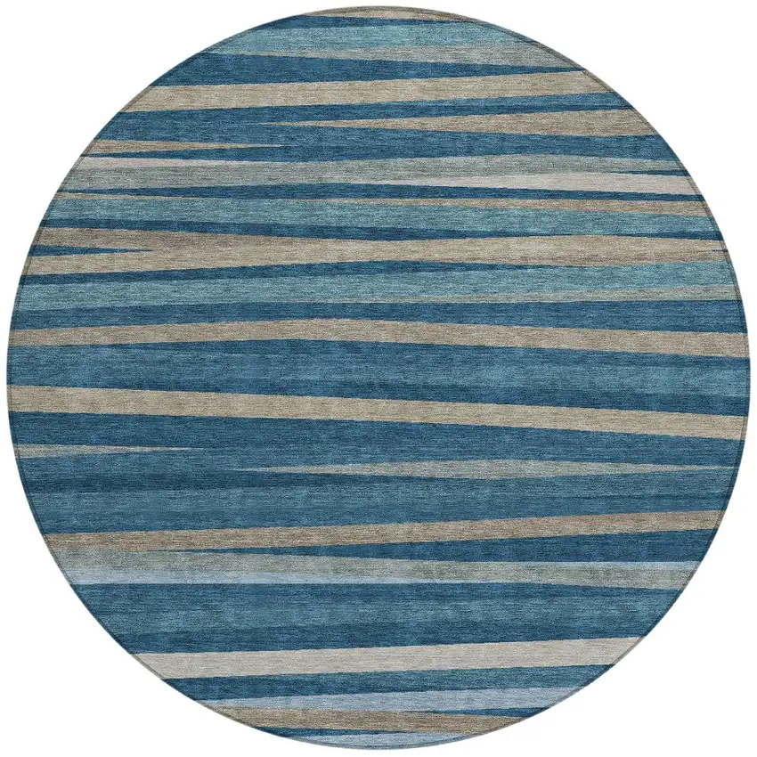 8' Denim Blue And Gray Round Striped Washable Indoor Outdoor Area Rug Photo 4