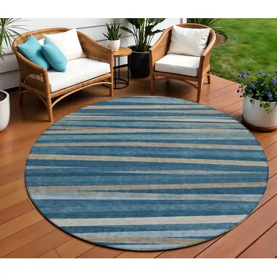 8' Denim Blue And Gray Round Striped Washable Indoor Outdoor Area Rug Photo 1