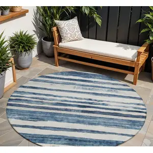 Photo of 8' Denim Blue And Gray Round Striped Washable Indoor Outdoor Area Rug