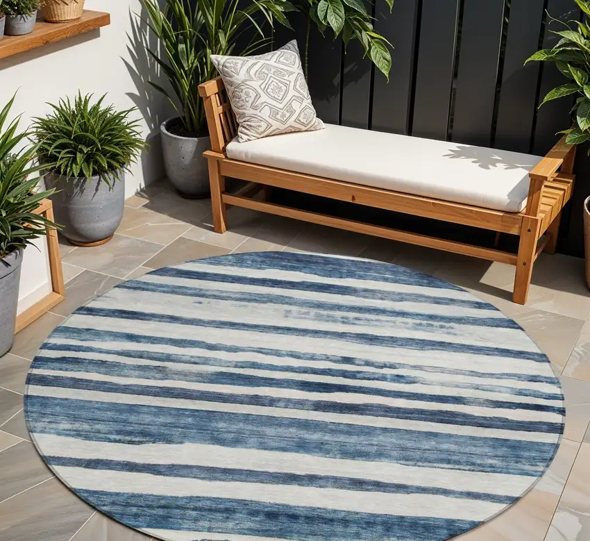 8' Denim Blue And Gray Round Striped Washable Indoor Outdoor Area Rug Photo 1