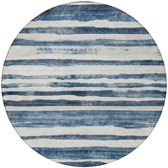 8' Denim Blue And Gray Round Striped Washable Indoor Outdoor Area Rug Photo 4