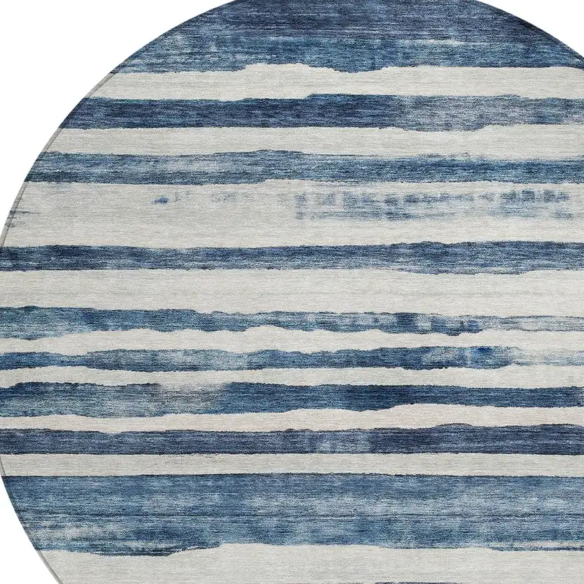 8' Denim Blue And Gray Round Striped Washable Indoor Outdoor Area Rug Photo 5