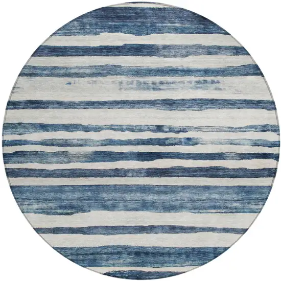8' Denim Blue And Gray Round Striped Washable Indoor Outdoor Area Rug Photo 2