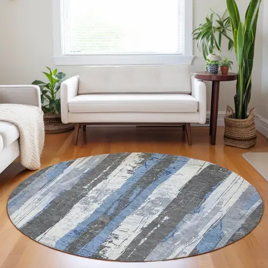 8' Denim Blue And Gray Round Striped Washable Indoor Outdoor Area Rug Photo 6