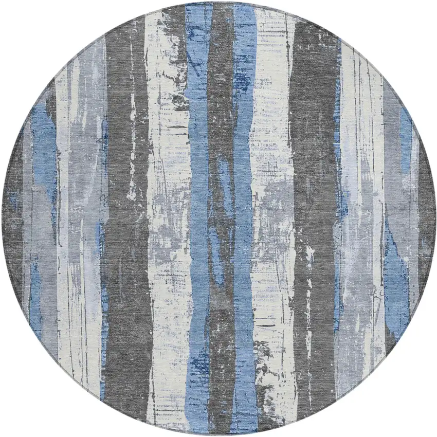 8' Denim Blue And Gray Round Striped Washable Indoor Outdoor Area Rug Photo 1