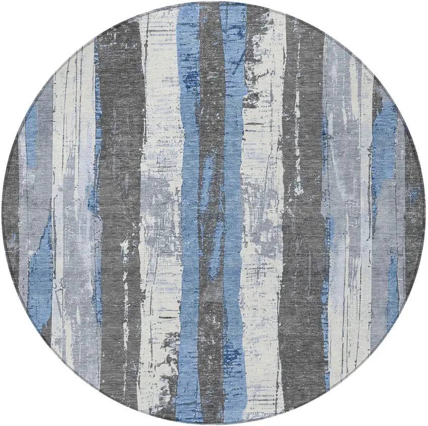 8' Denim Blue And Gray Round Striped Washable Indoor Outdoor Area Rug Photo 4