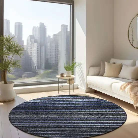 8' Denim Blue And Gray Round Striped Washable Indoor Outdoor Area Rug Photo 7