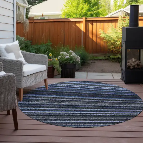 8' Denim Blue And Gray Round Striped Washable Indoor Outdoor Area Rug Photo 6