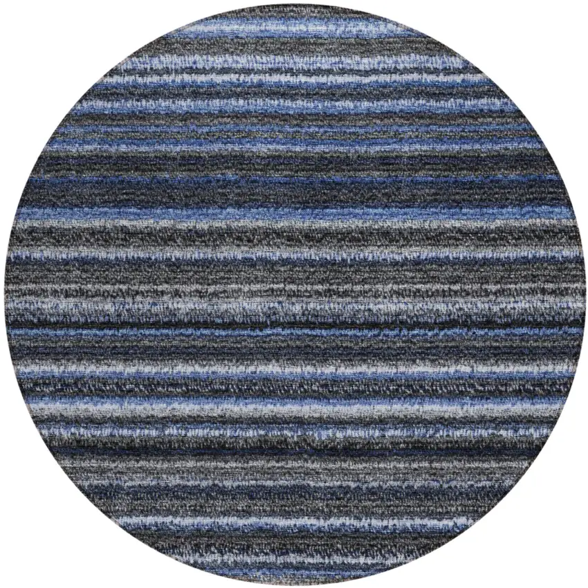 8' Denim Blue And Gray Round Striped Washable Indoor Outdoor Area Rug Photo 2