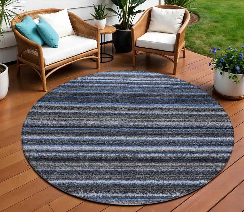 8' Denim Blue And Gray Round Striped Washable Indoor Outdoor Area Rug Photo 1