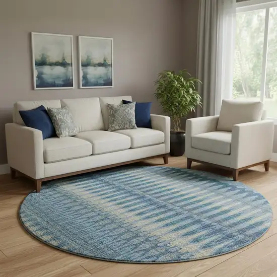 8' Denim Blue And Gray Southwestern Washable Round Rug With UV Protection Photo 1