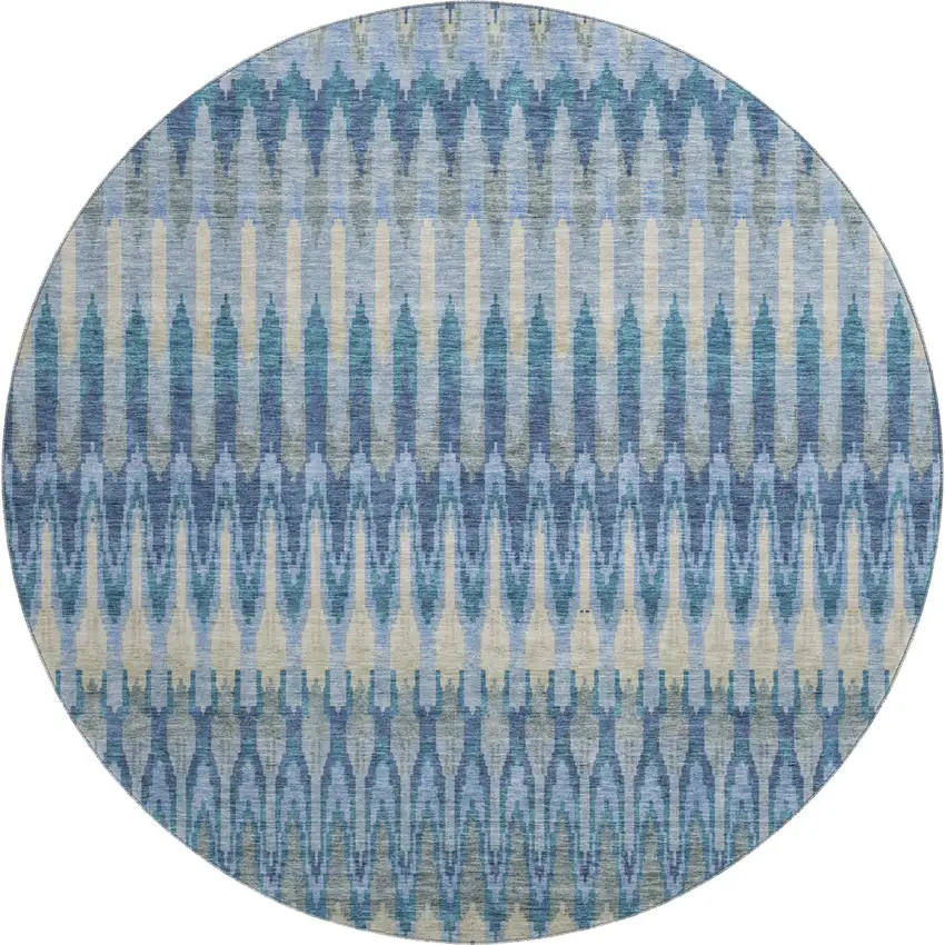 8' Denim Blue And Gray Southwestern Washable Round Rug With UV Protection Photo 1