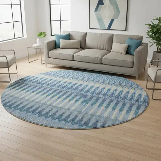 8' Denim Blue And Gray Southwestern Washable Round Rug With UV Protection Photo 2