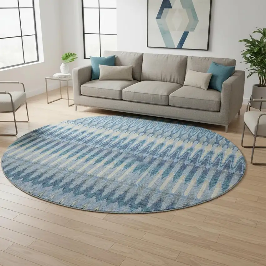 8' Denim Blue And Gray Southwestern Washable Round Rug With UV Protection Photo 2