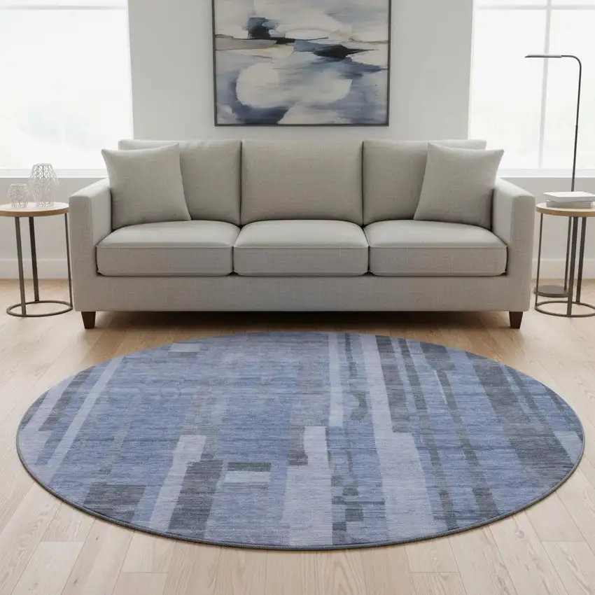 8' Denim Blue And Gray Striped Washable Round Rug With UV Protection Photo 2