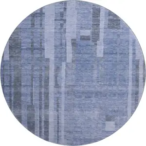 Photo of 8' Denim Blue And Gray Striped Washable Round Rug With UV Protection