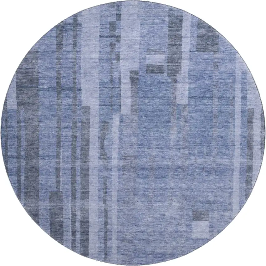 8' Denim Blue And Gray Striped Washable Round Rug With UV Protection Photo 1