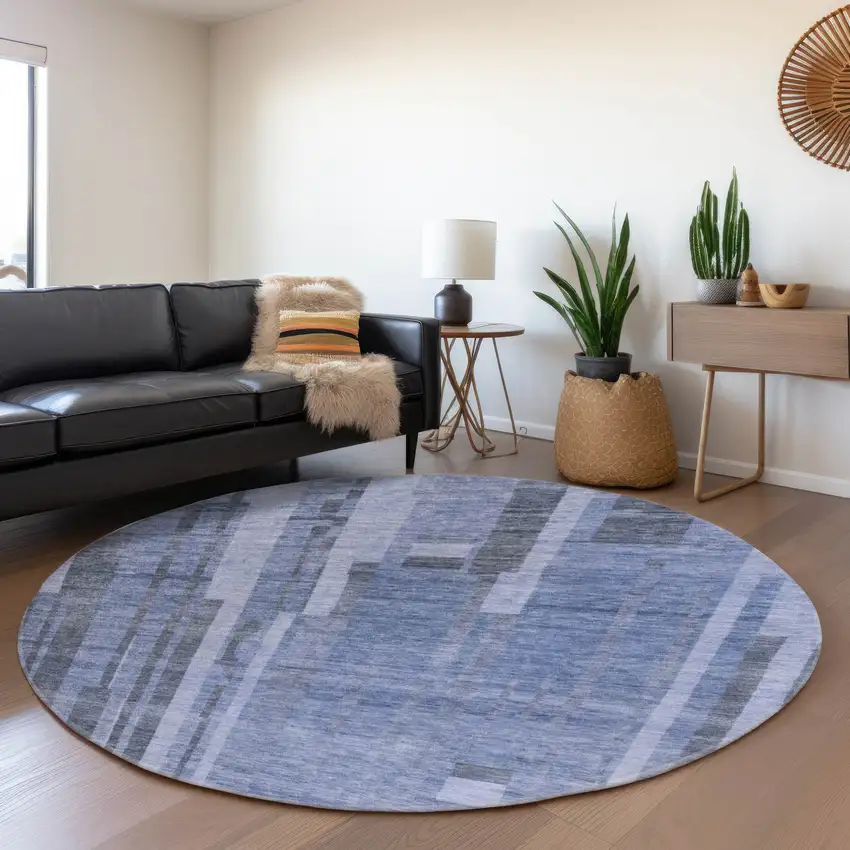8' Denim Blue And Gray Striped Washable Round Rug With UV Protection Photo 4