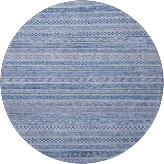 8' Denim Blue And Gray Striped Washable Round Rug With UV Protection Photo 3