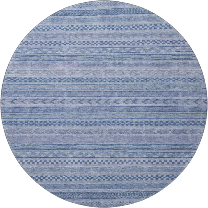 8' Denim Blue And Gray Striped Washable Round Rug With UV Protection Photo 3