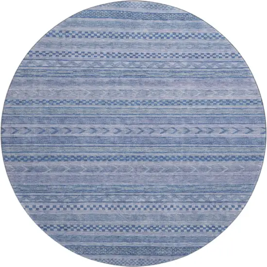 8' Denim Blue And Gray Striped Washable Round Rug With UV Protection Photo 1