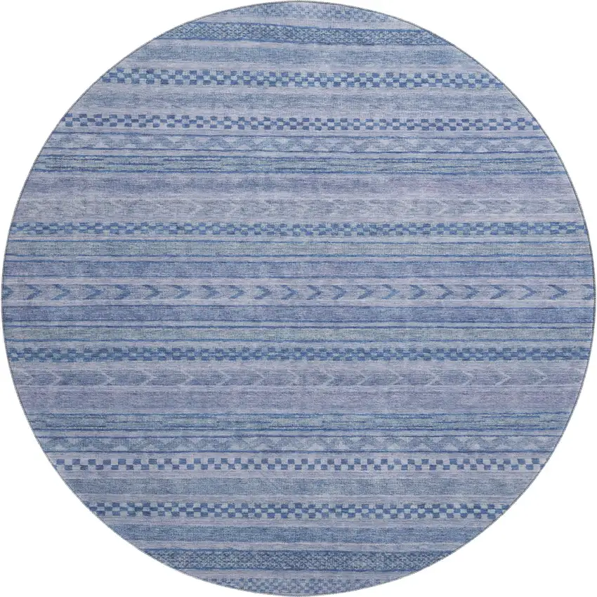 8' Denim Blue And Gray Striped Washable Round Rug With UV Protection Photo 1
