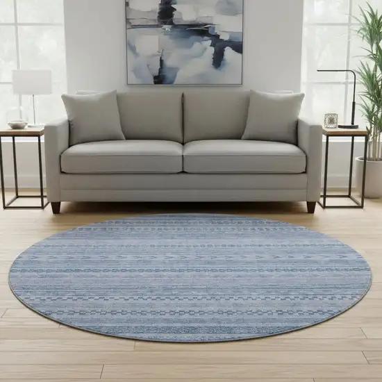 8' Denim Blue And Gray Striped Washable Round Rug With UV Protection Photo 2