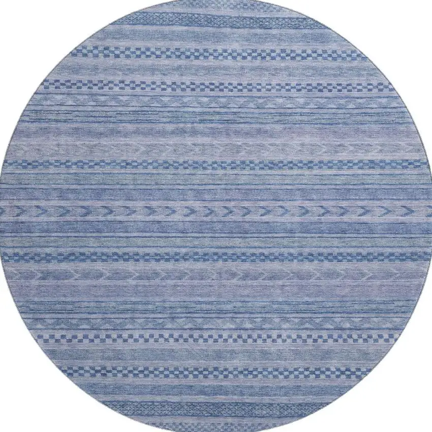 8' Denim Blue And Gray Striped Washable Round Rug With UV Protection Photo 2