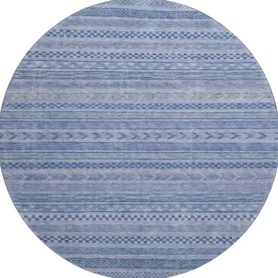 8' Denim Blue And Gray Striped Washable Round Rug With UV Protection Photo 2