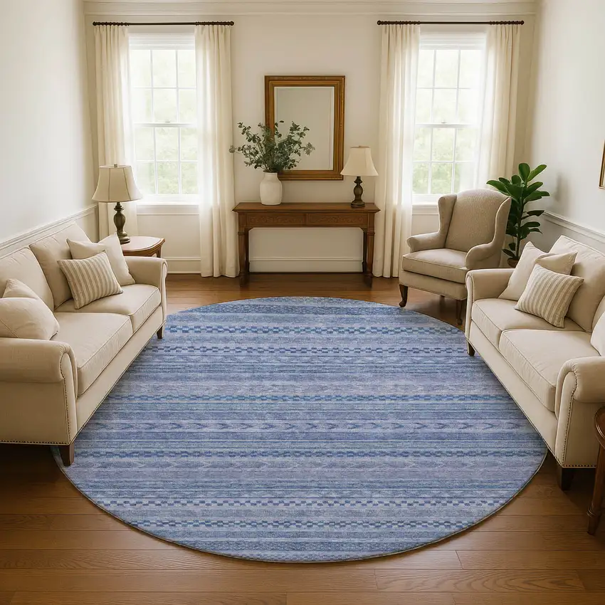 8' Denim Blue And Gray Striped Washable Round Rug With UV Protection Photo 4