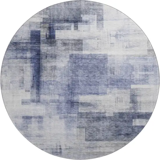 8' Denim Blue And Ivory Abstract Geometric Washable Round Rug With UV Protection Photo 1