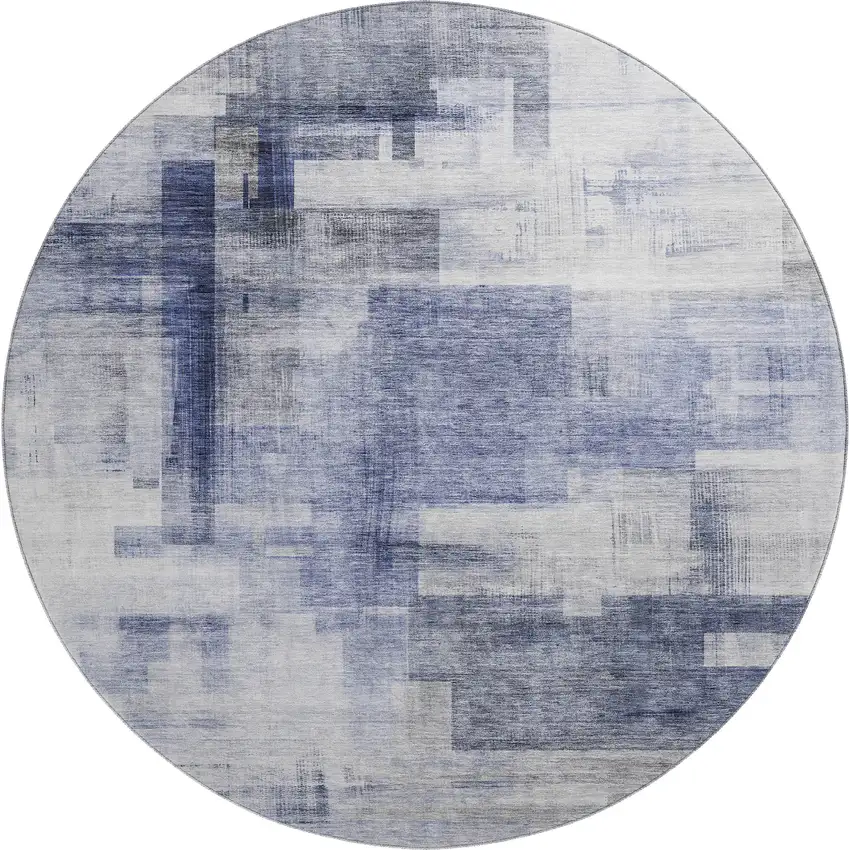 8' Denim Blue And Ivory Abstract Geometric Washable Round Rug With UV Protection Photo 1
